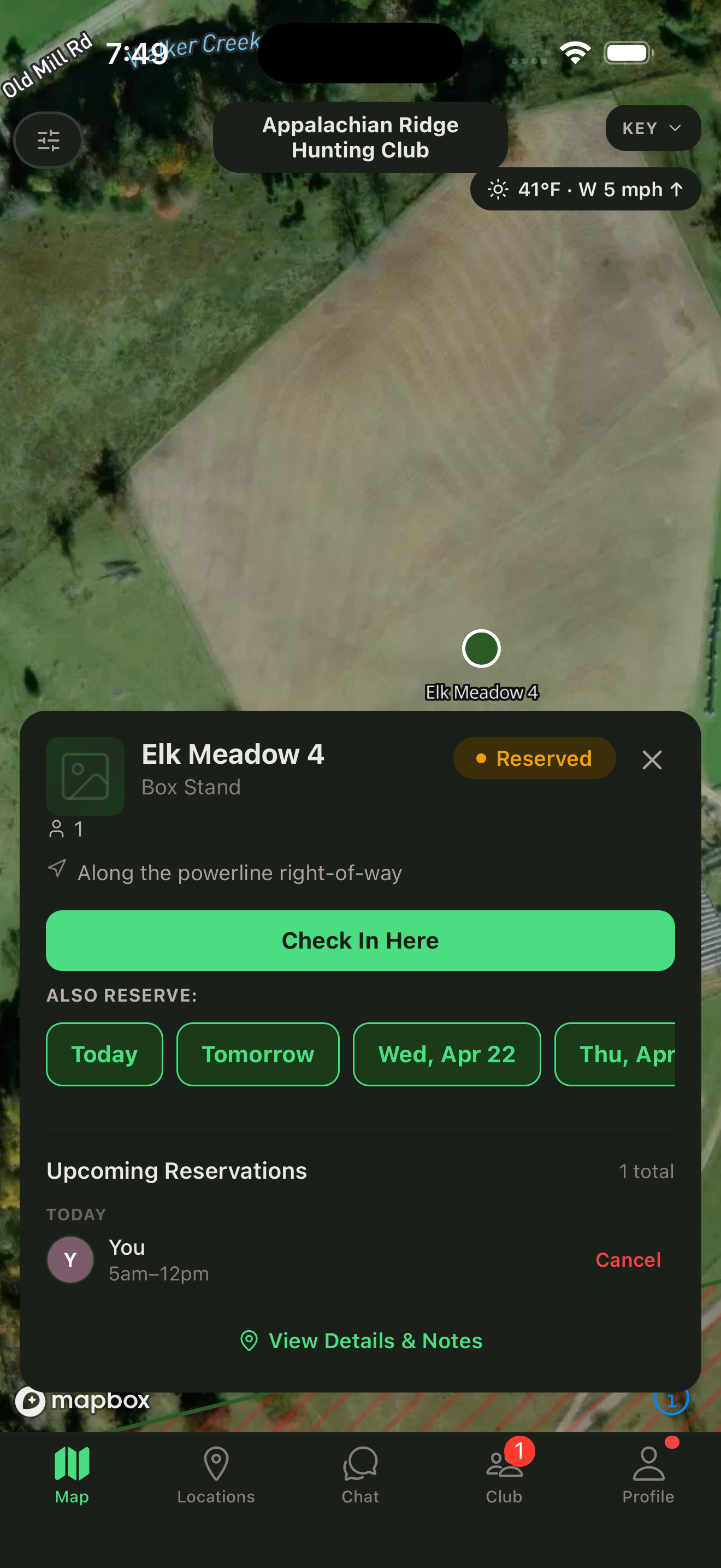 Stand detail — check in, reserve, notes