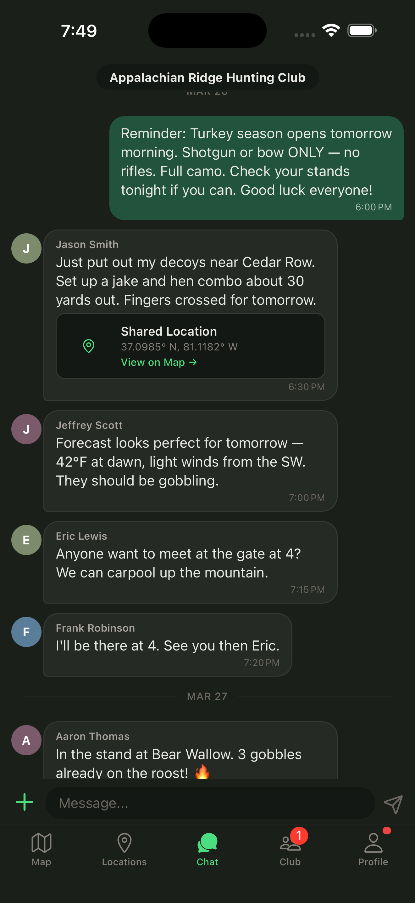Club chat — messages, locations, photos