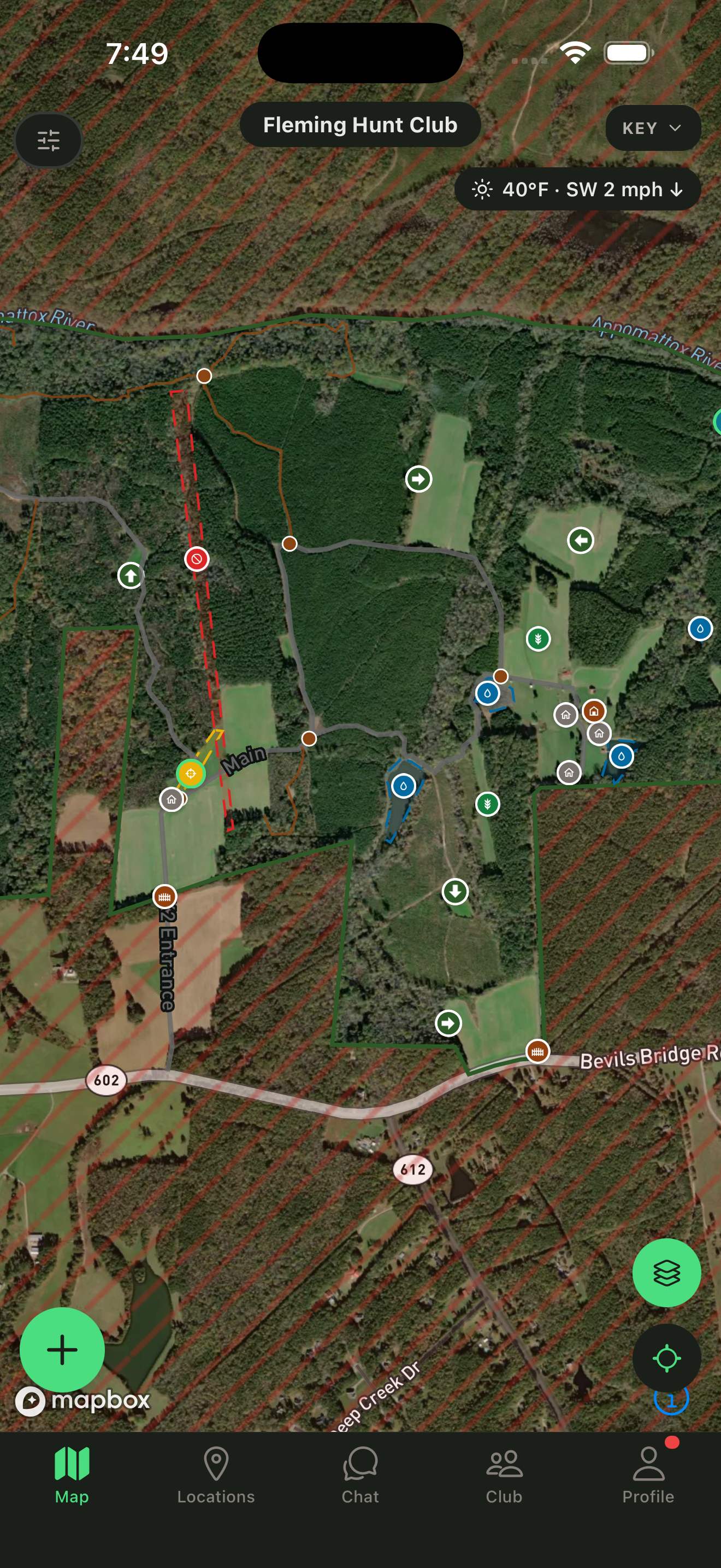 Map — stands, trails, hunters, weather